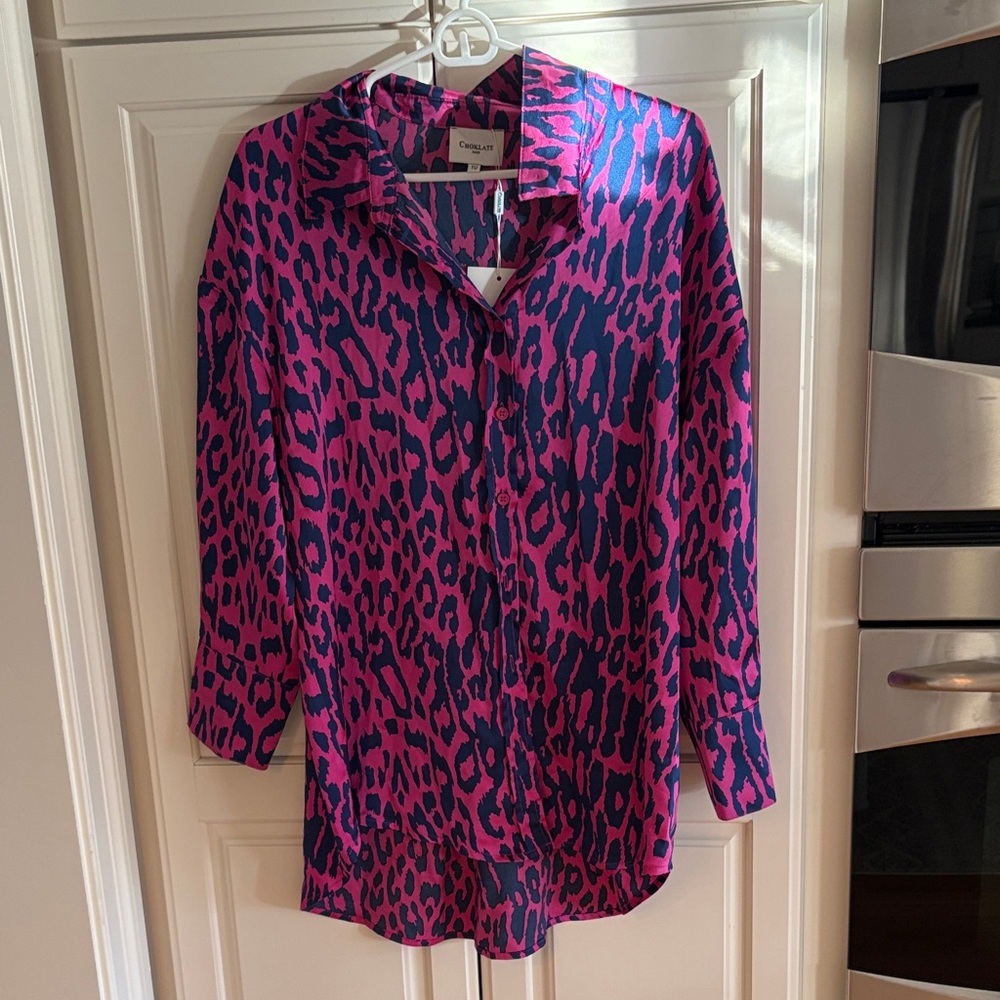 Chico's Pink and Black Leopard Print Button-Down Shirt